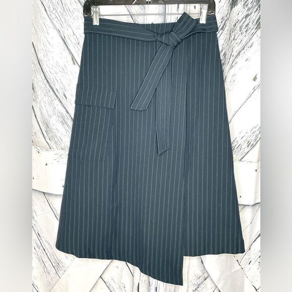 Prologue Striped Wrap Skirt Belt Asymmetric Hem 6 - Picture 1 of 8